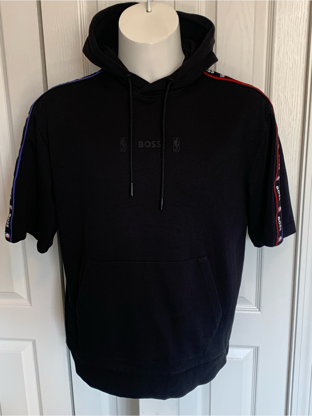 Boss xNBA Black Short-Sleeve Crewneck Hoodie with Red & Blue Tape